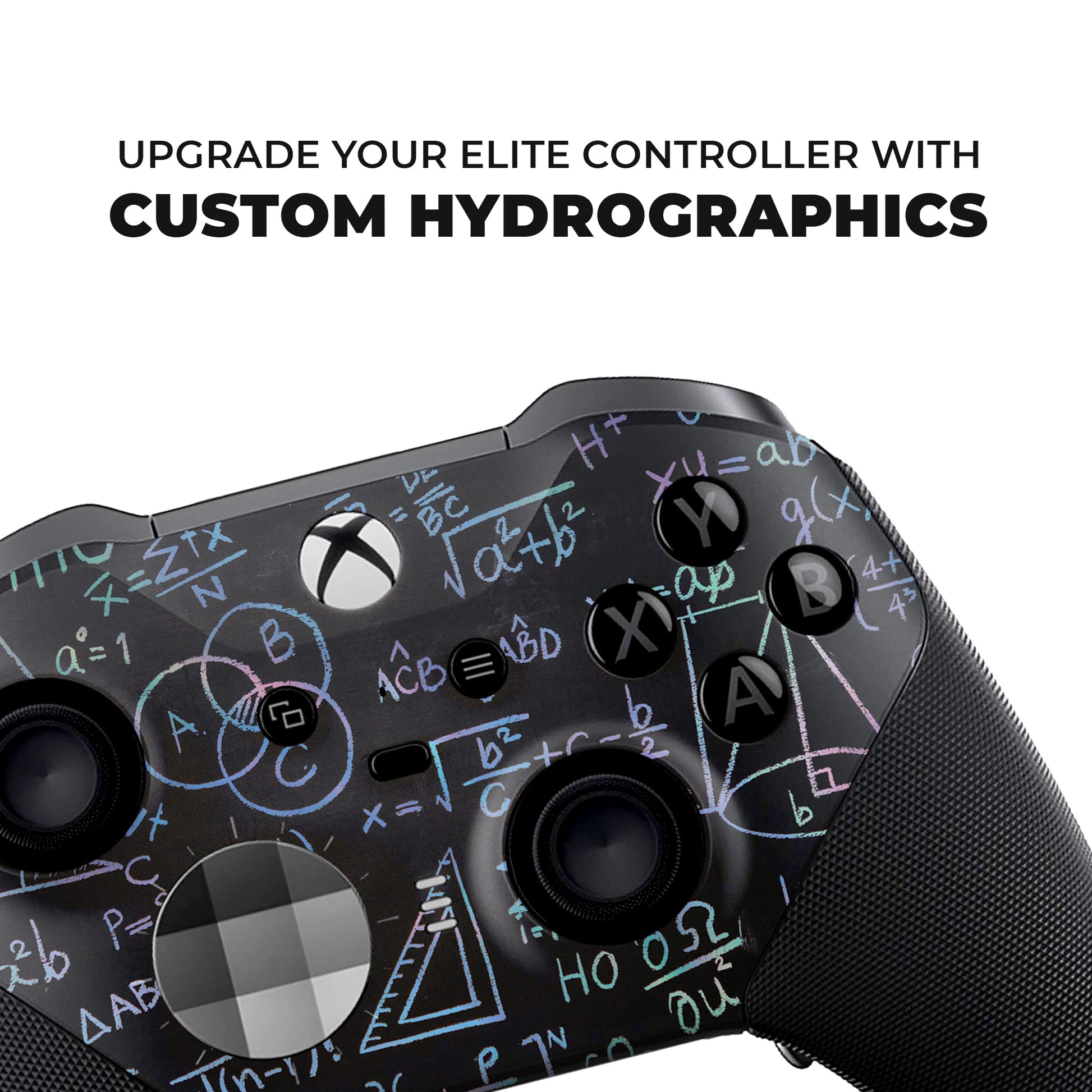 Black Xbox Elite Series 2 controller close-up with blue physics hydrographic on top