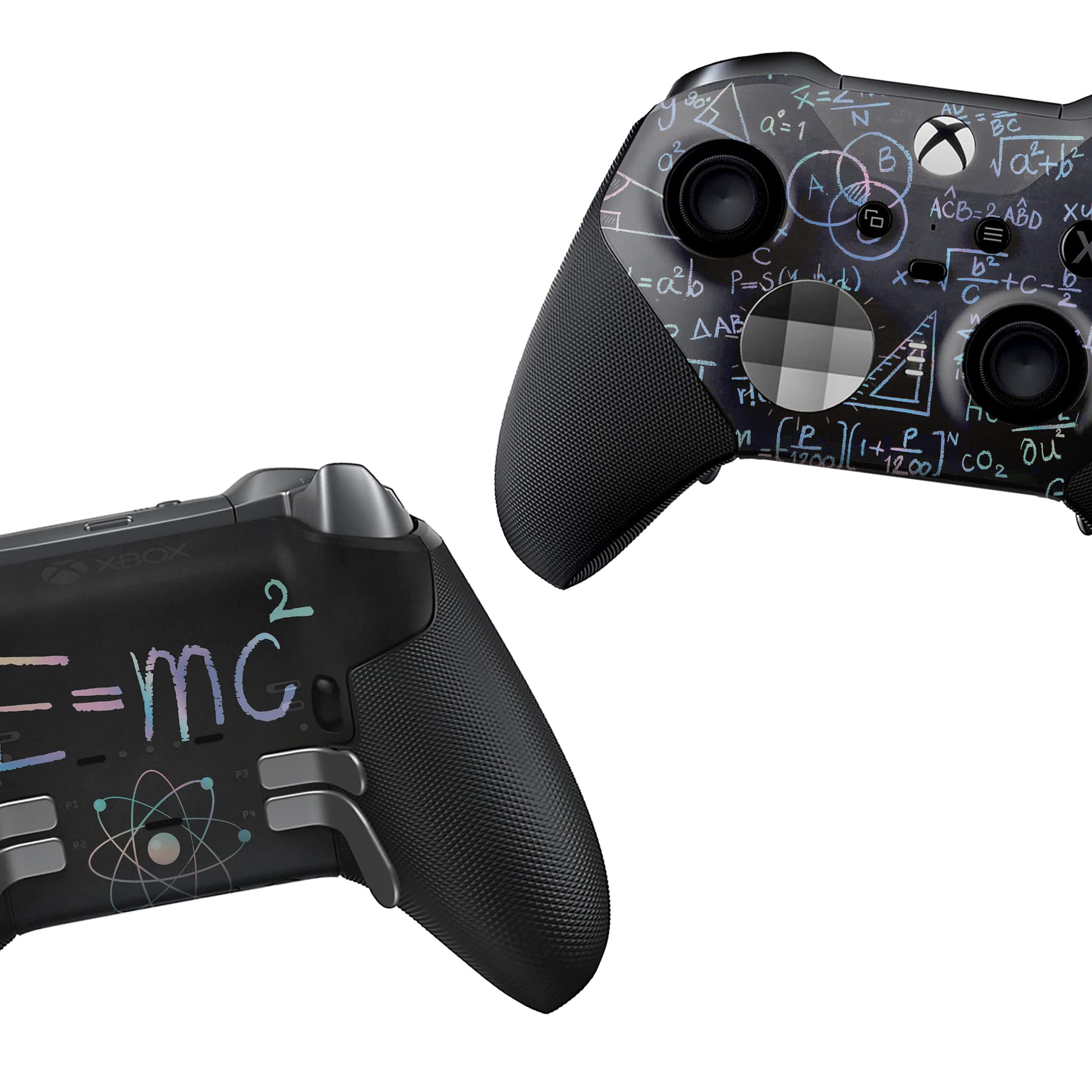 Black Xbox Elite Series 2 controller angled view with blue physics hydrographic on rear