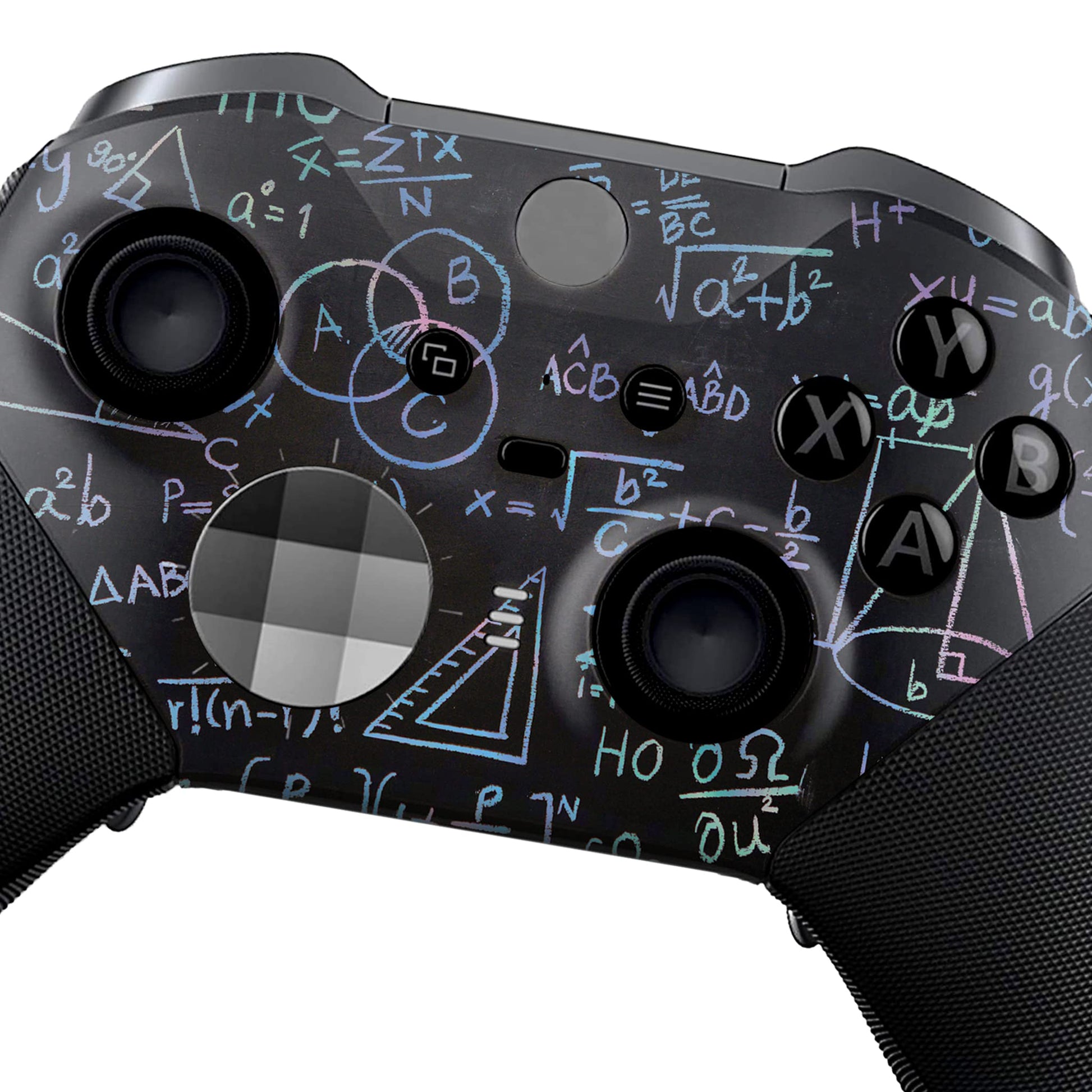 Black Xbox Elite Series 2 controller close-up with blue physics symbols and button layout