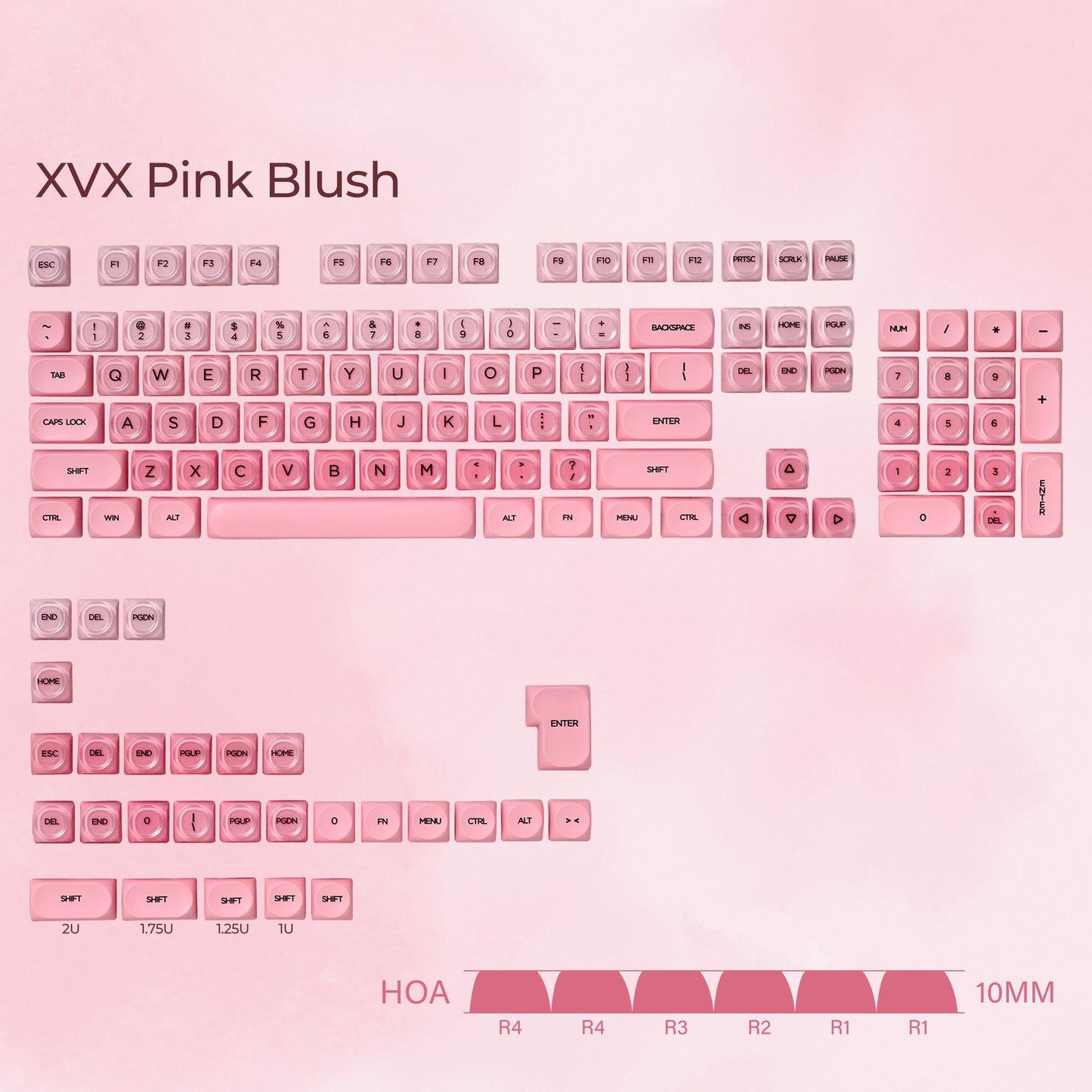 XVX translucent HOA profile keycap set, pink blush legends on full grid, 132 keys