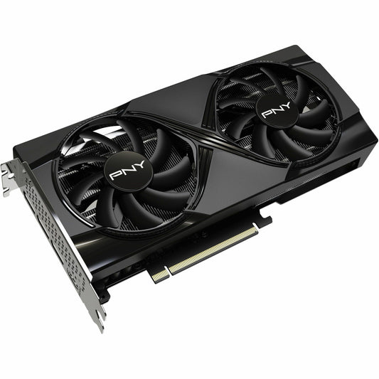 PNY GeForce RTX 5060 Ti dual-fan graphics card with two black cooling fans