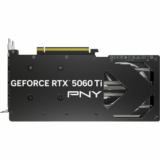 PNY GeForce RTX 5060 Ti graphics card rear side with backplate and fan shroud