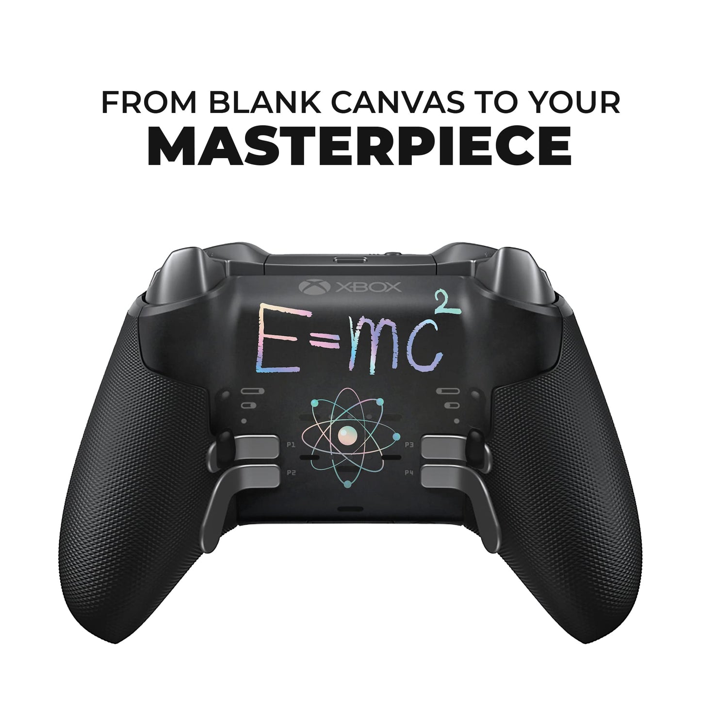 Black Xbox Elite Series 2 controller with E=mc^2 science design on the front panel