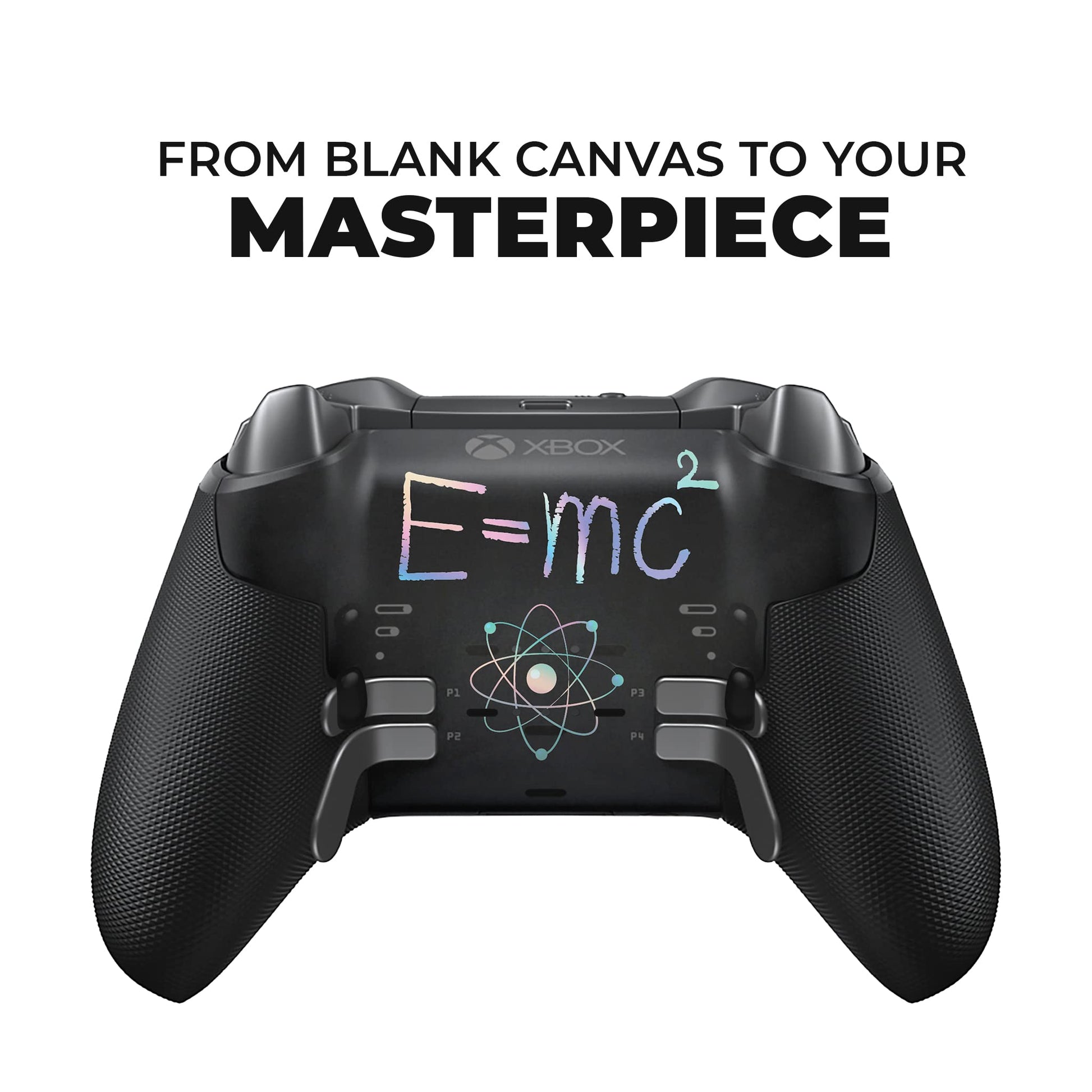 Black Xbox Elite Series 2 controller with E=mc^2 science design on the front panel