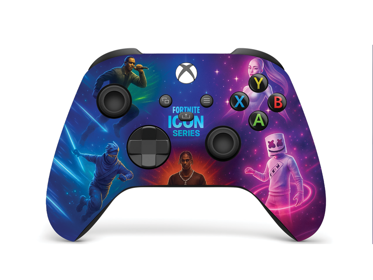Colorful gaming controller with dual analog sticks and Fortnite Icon Series front print