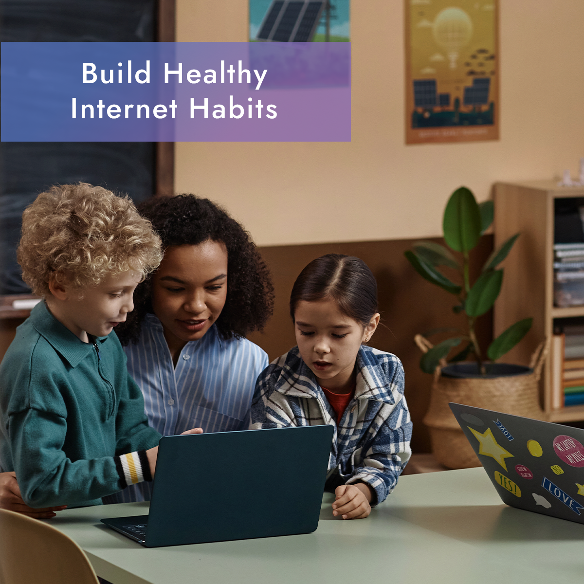 Black Wi-Fi router on a dining table with family using laptops