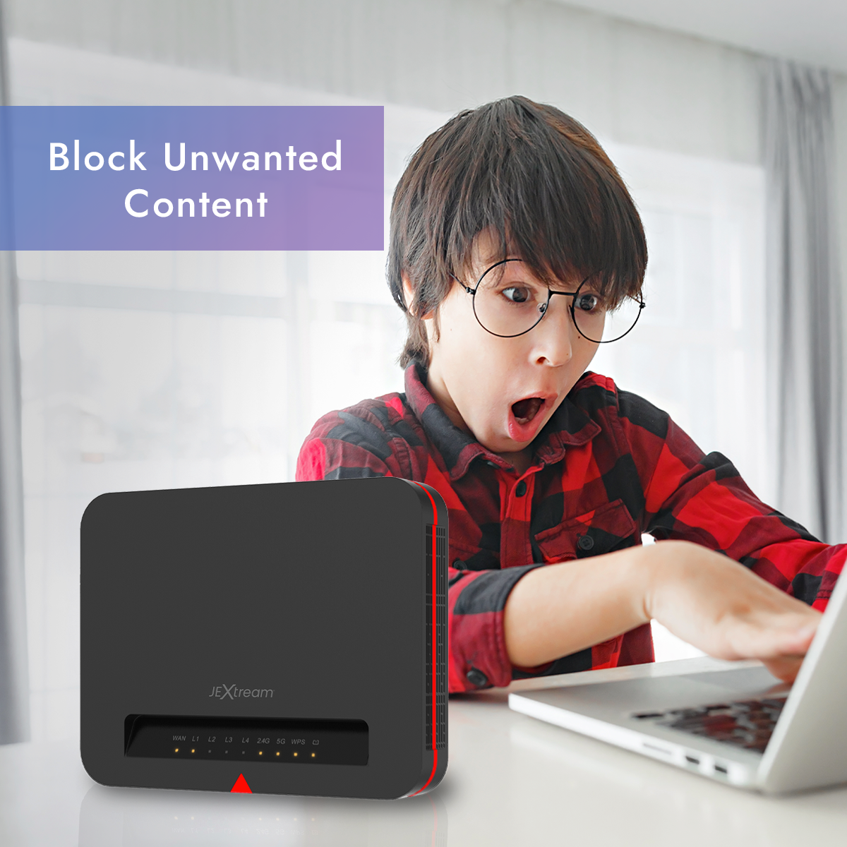 Black Wi-Fi router with indicator lights on the front panel