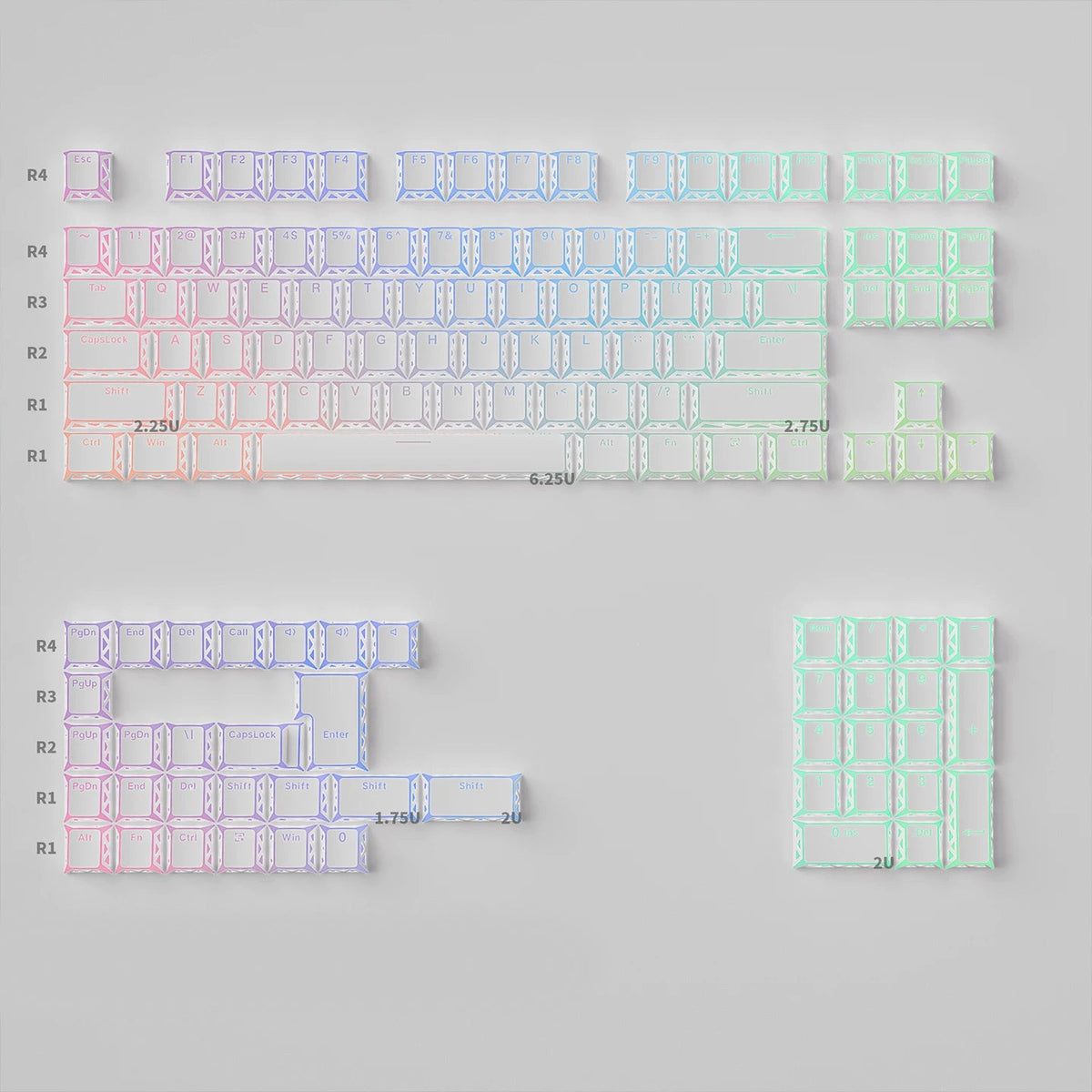 Multicolor PBT keycaps with pink, blue, and cyan prism-style legends