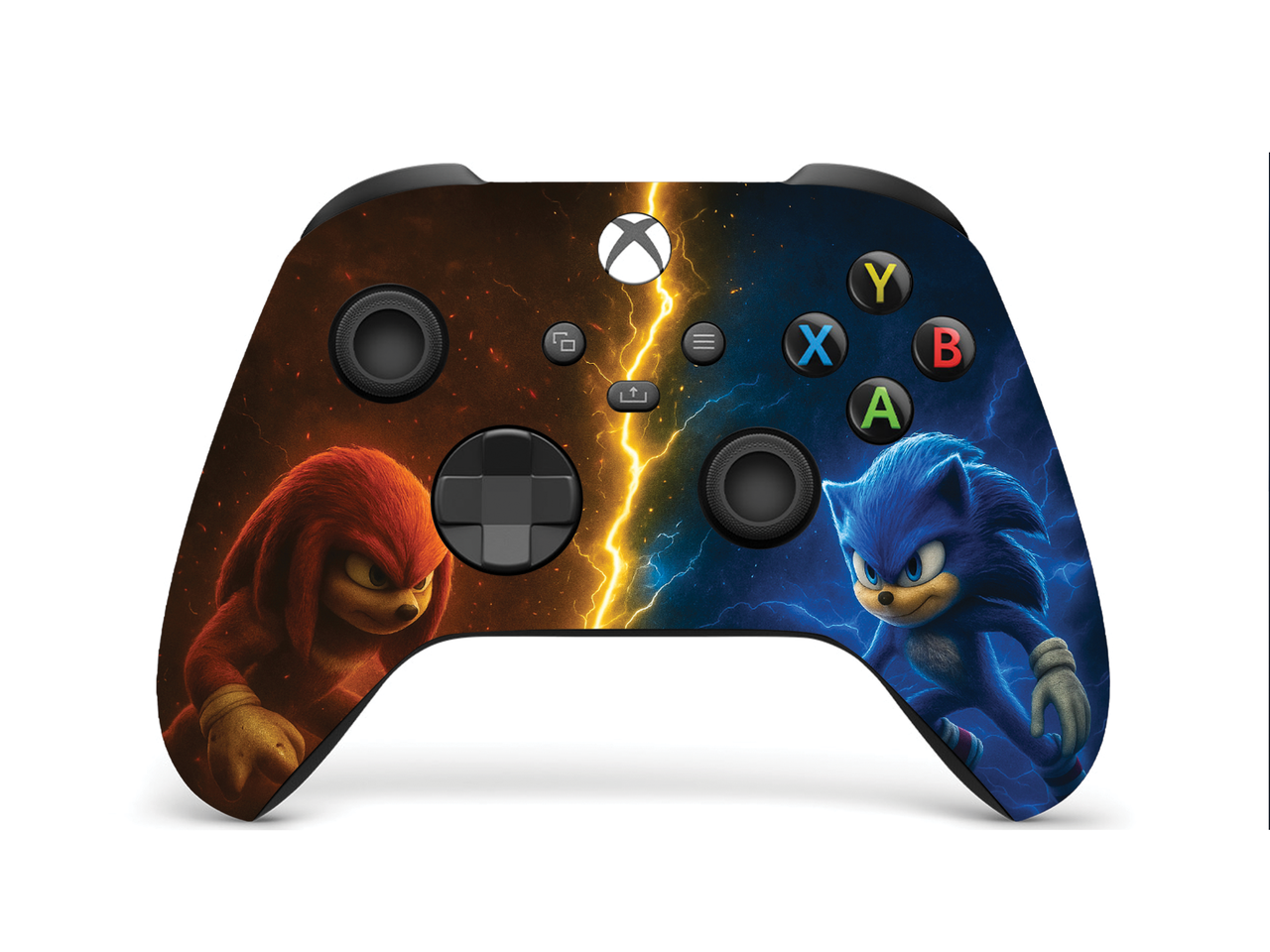 Black Xbox Series X/S controller with Sonic and Knuckles side artwork, face buttons visible