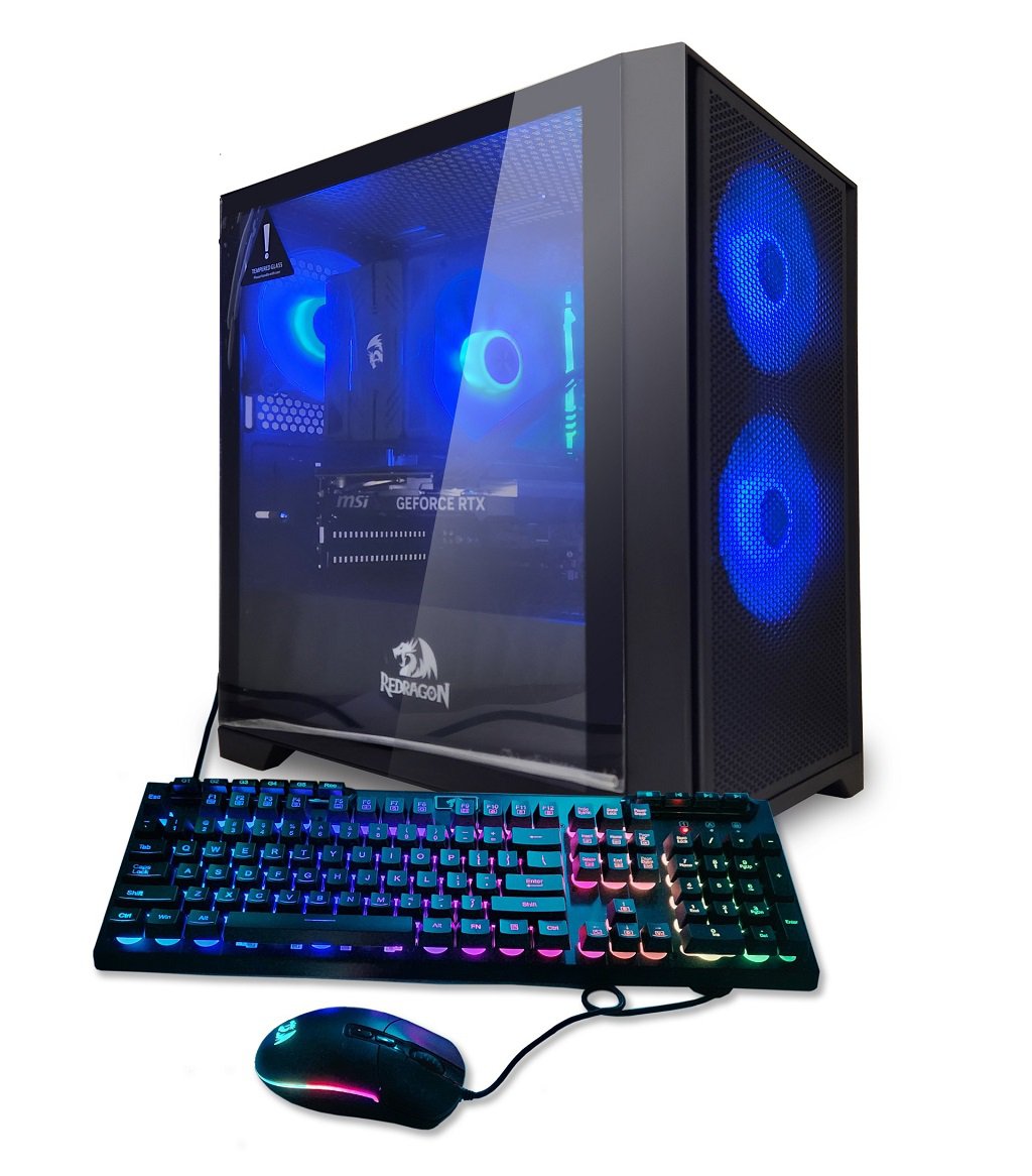 Redragon Fire Series gaming PC with transparent side panel, blue RGB fans, and RGB keyboard & mouse