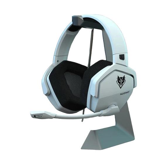 White and black wireless gaming headset with over-ear pads and flip-up mic