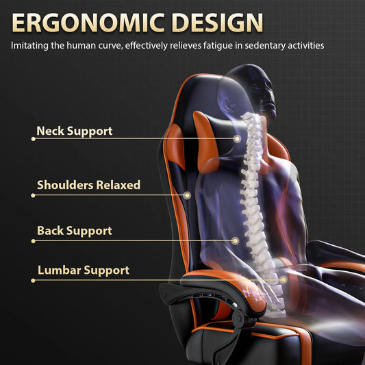 Gaming chair with black back and seat, orange side supports and lumbar padding