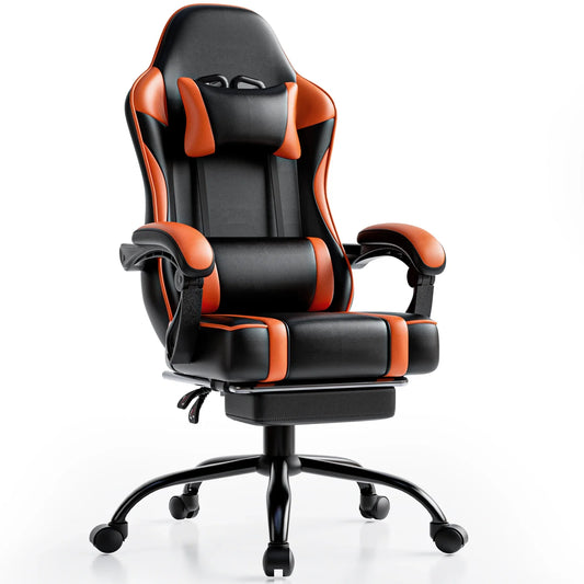 Gaming chair with black seat and back, orange trim, armrests and headrest