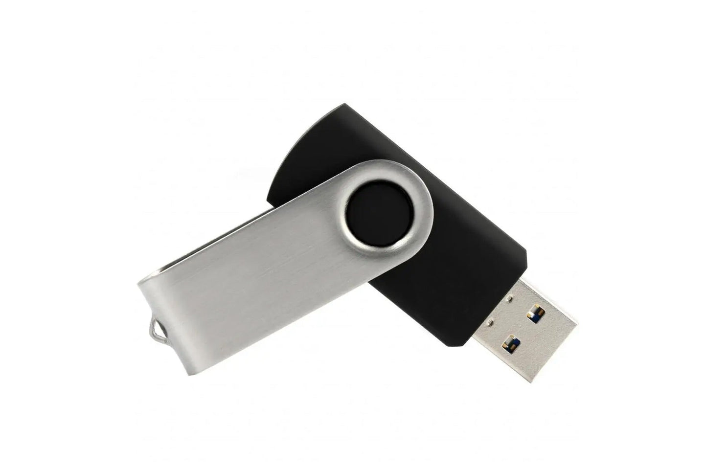 USB 2.0 flash drive with silver body and black cap, angled view of USB-A plug