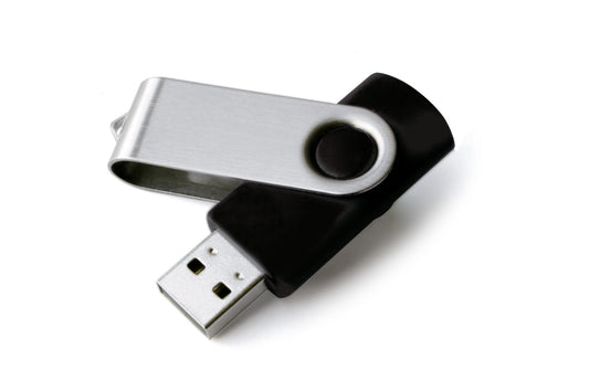 USB flash drive with swivel design, silver metal cover and black connector end