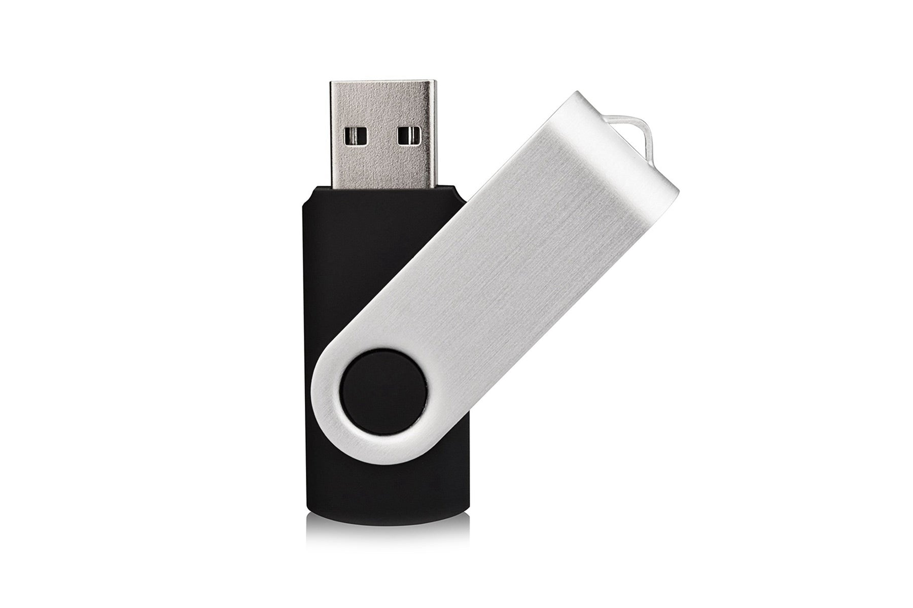 USB 2.0 flash drive with silver metal face, black casing, and round ring detail