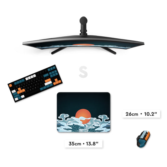 Custom printed dark mouse pad with ocean waves graphic, 13.8 x 10.2 inch size