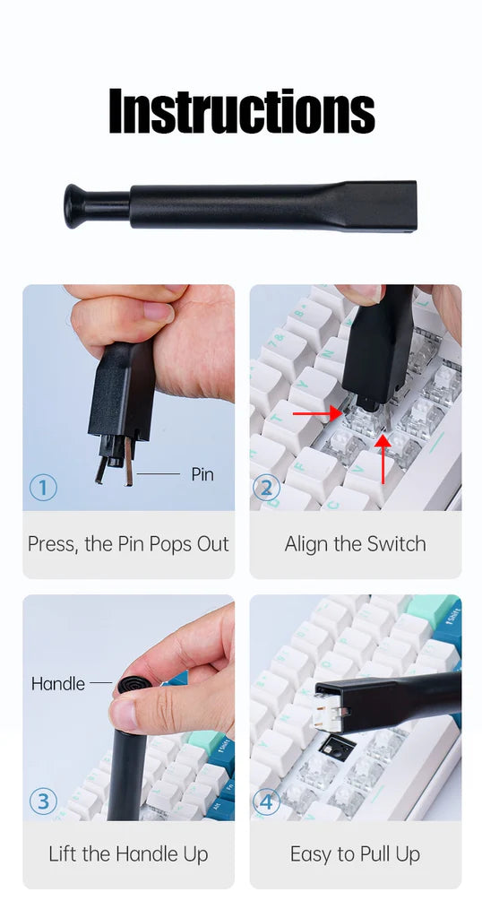 Keyboard switch remover tool with instructions graphic and pin diagram