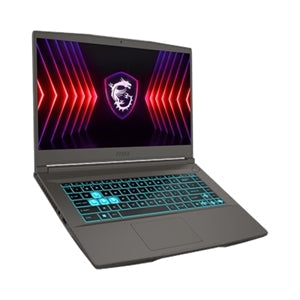 MSI gaming laptop with teal-backlit keyboard and RGB logo on display, open lid