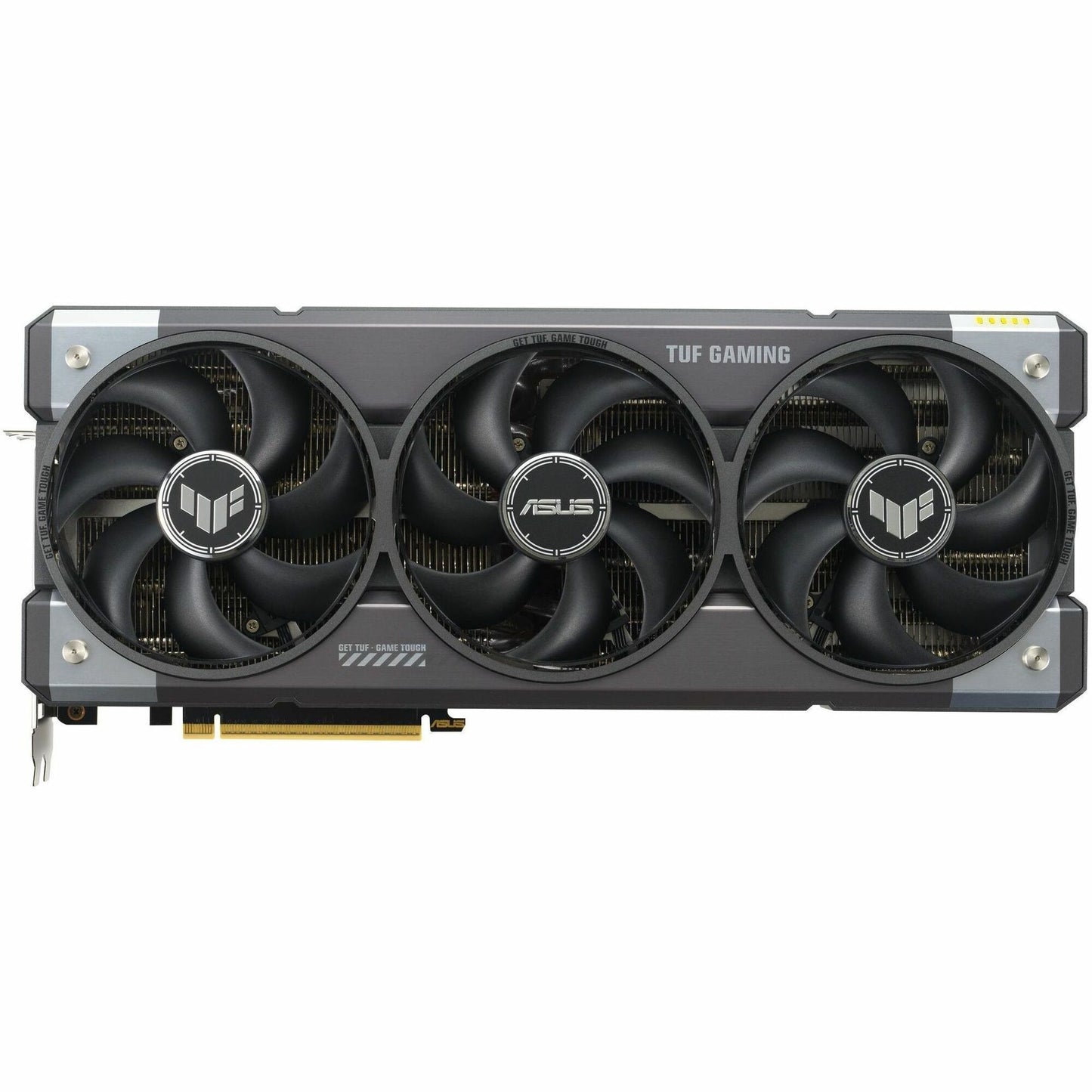 TUF Gaming graphics card with three black cooling fans and metallic gray shroud