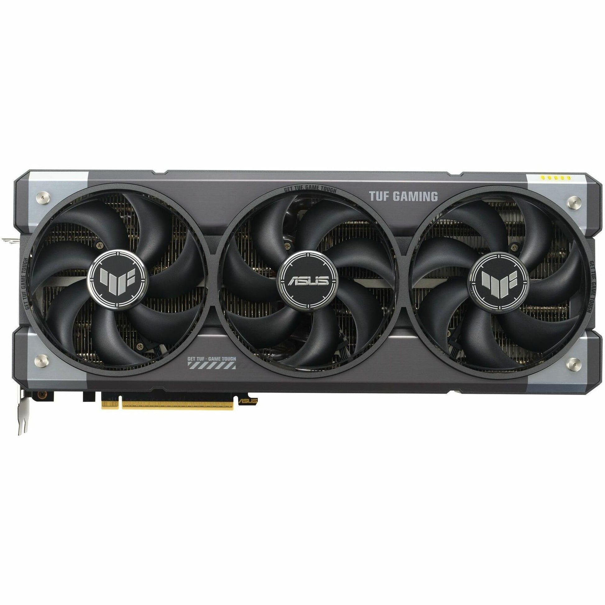 TUF Gaming graphics card with three black cooling fans and metallic gray shroud