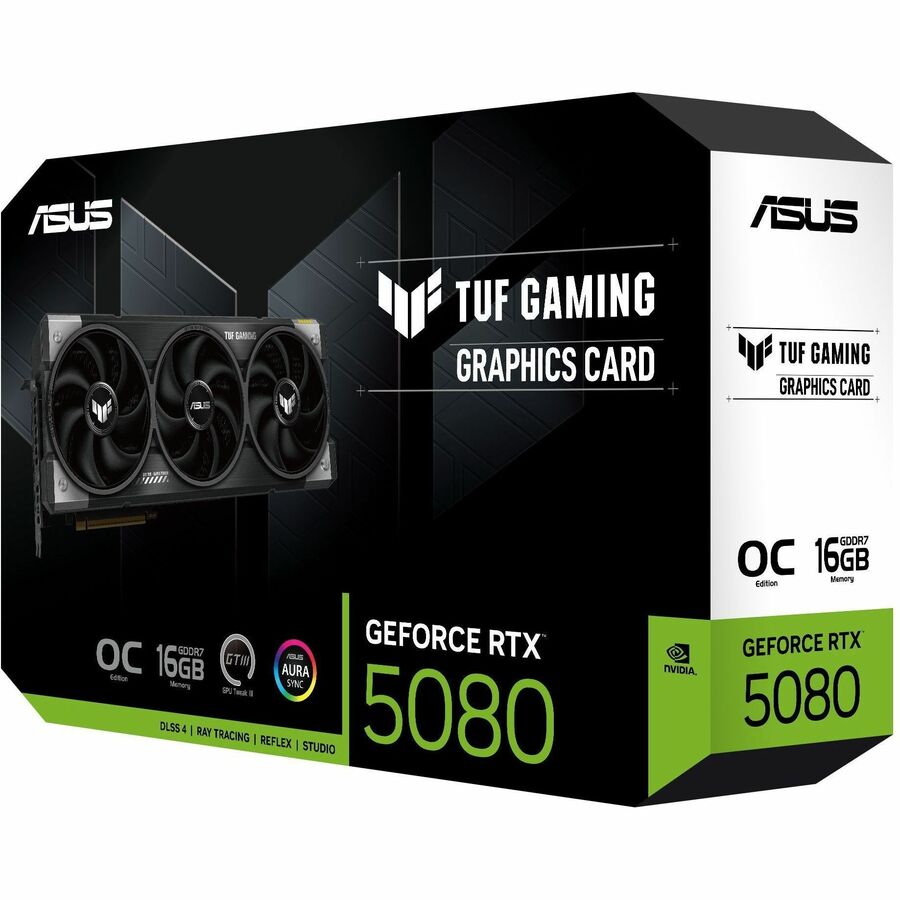 TUF Gaming graphics card retail box with GeForce RTX 5080 16GB GDDR7