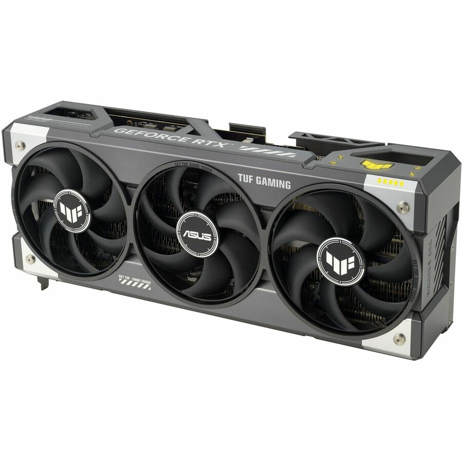 ASUS TUF Gaming graphics card, angled view with three cooling fans and GeForce RTX logo