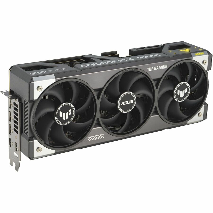 TUF Gaming graphics card, side view showing three black fans and vented gray cooler