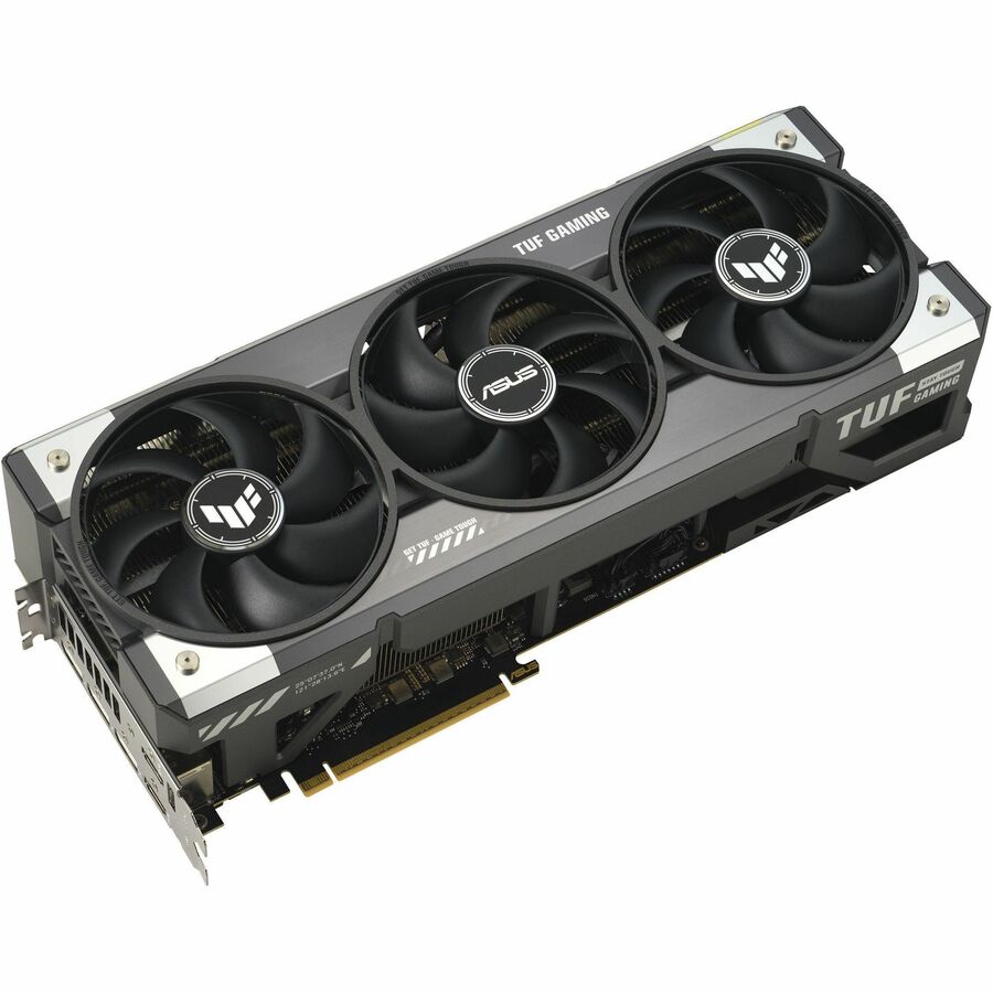 TUF Gaming graphics card, angled view with three fan rotors and gold-edge bracket