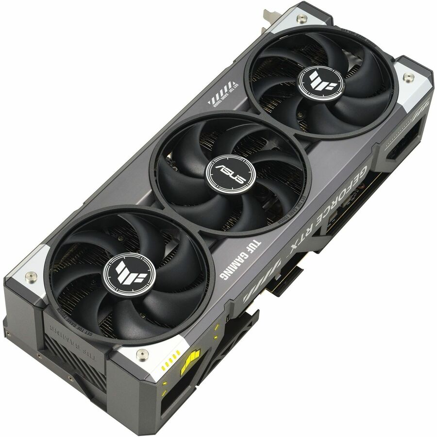 TUF Gaming graphics card, close side angle showing three fans and vented gray casing