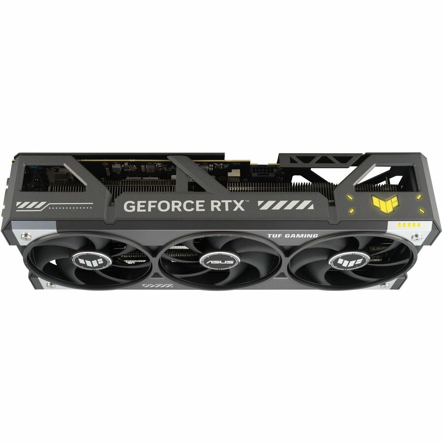 TUF Gaming graphics card, top view with three fans and GE FORCE RTX branding