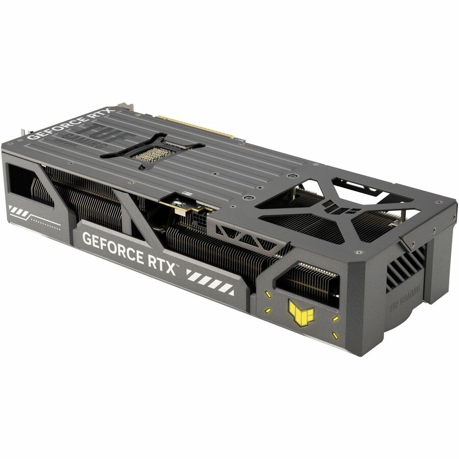 TUF Gaming graphics card, connector side view with power ports and vented metal panel