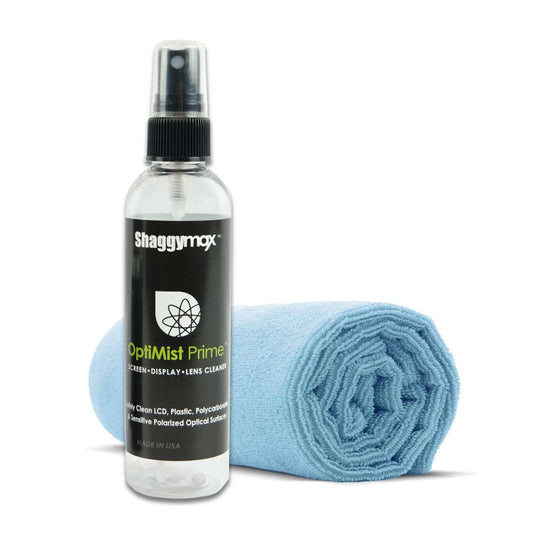 Screen cleaning spray bottle with rolled blue microfiber cloth