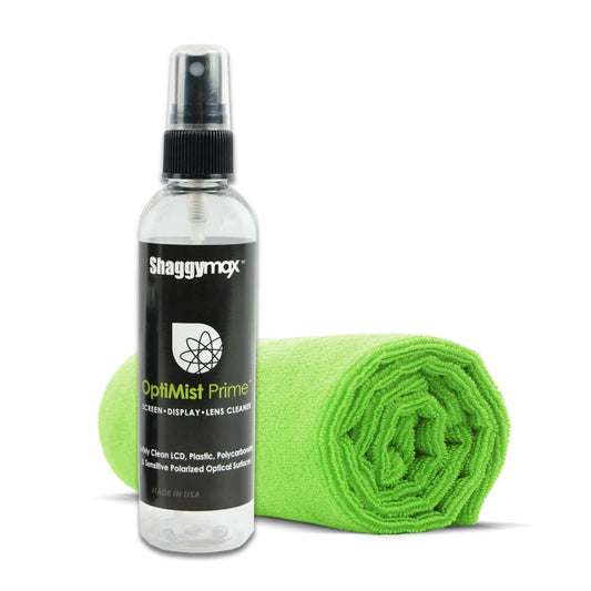 Screen cleaning spray bottle with rolled green microfiber cloth