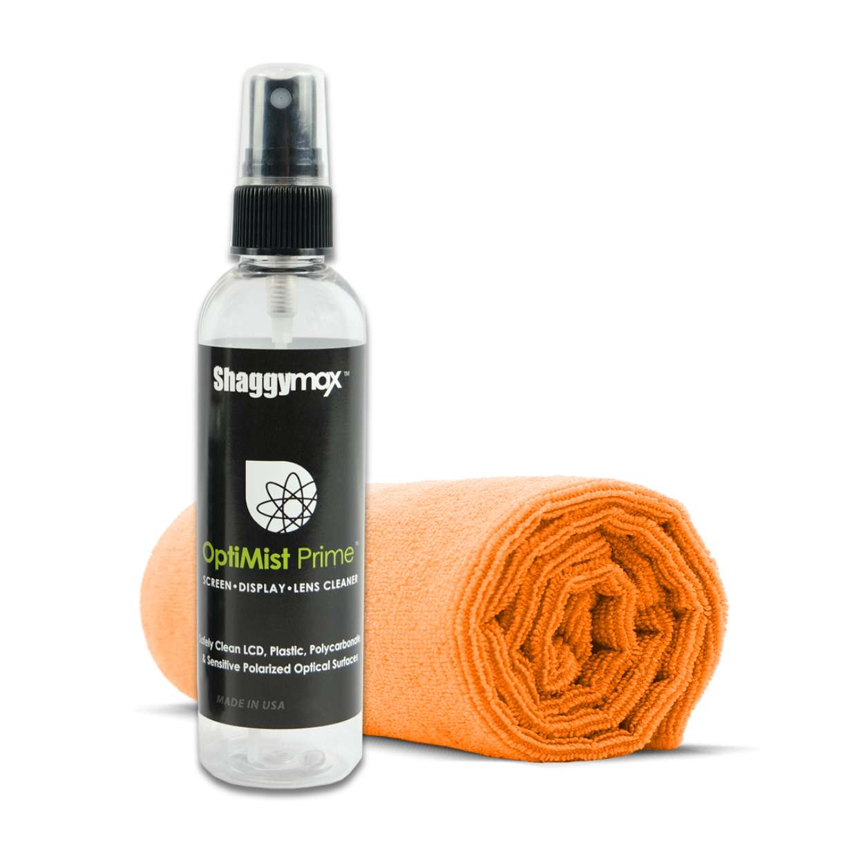 Screen cleaning spray bottle with rolled orange microfiber cloth