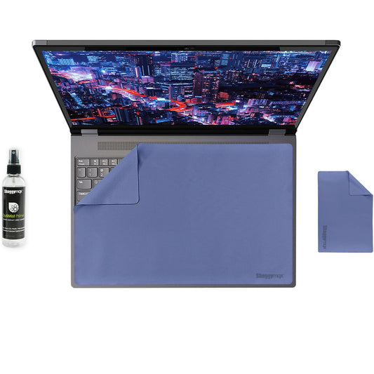 Blue keyboard cover, microfiber cloth, and OptiMist spray bottle set for laptop