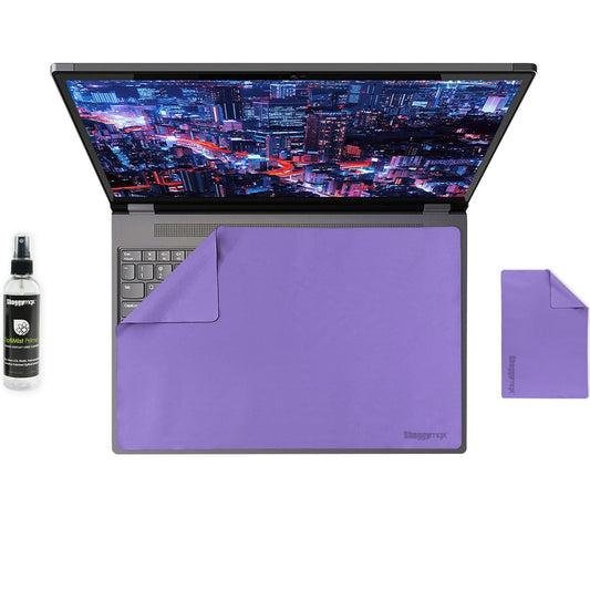 Purple keyboard cover, microfiber cloth, and OptiMist spray bottle set for laptop