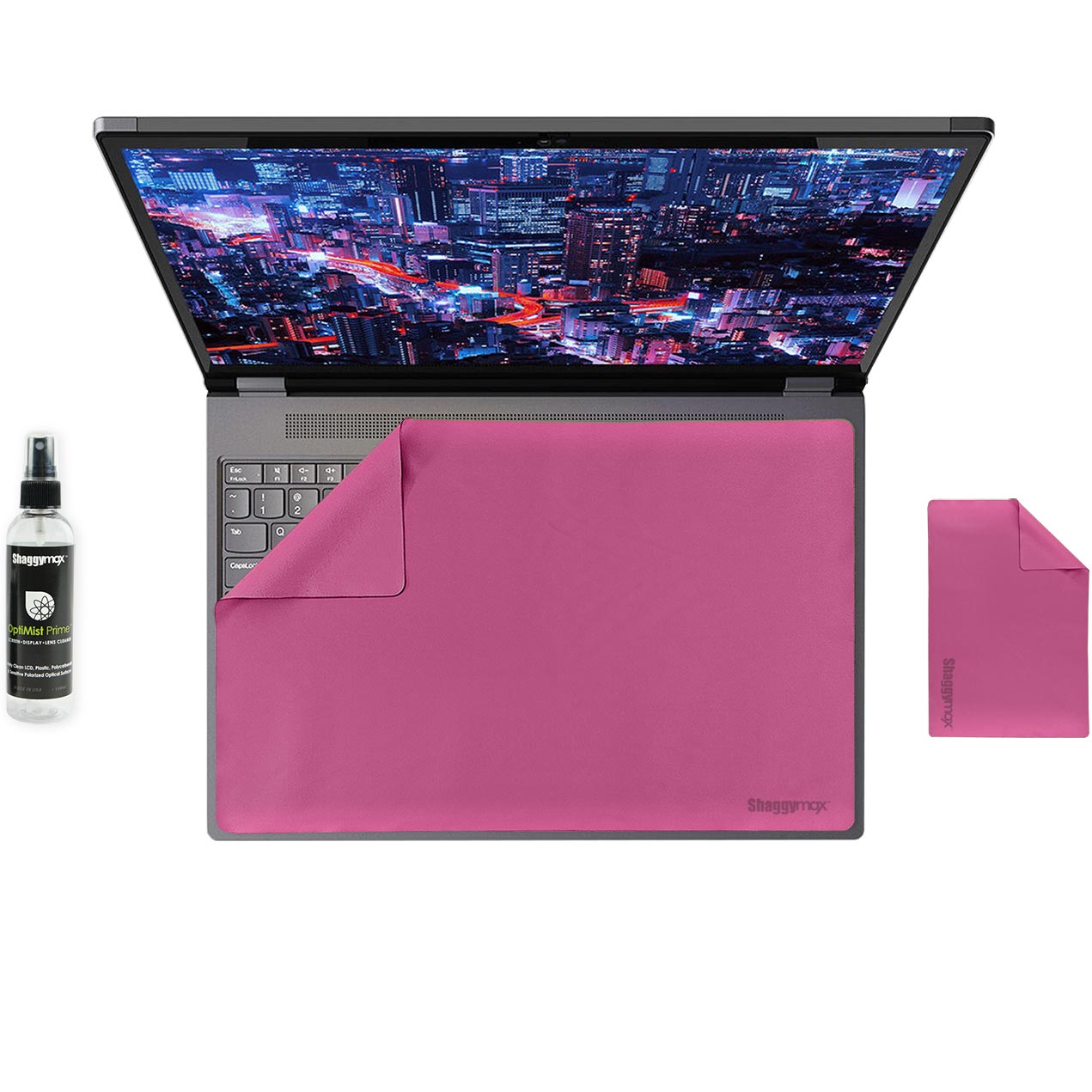 Pink keyboard cover, microfiber cloth, and OptiMist spray bottle set for laptop