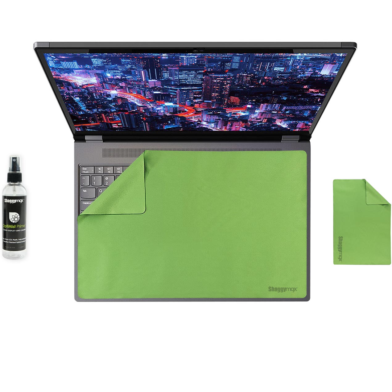 Green keyboard cover, microfiber cloth, and OptiMist spray bottle set for laptop