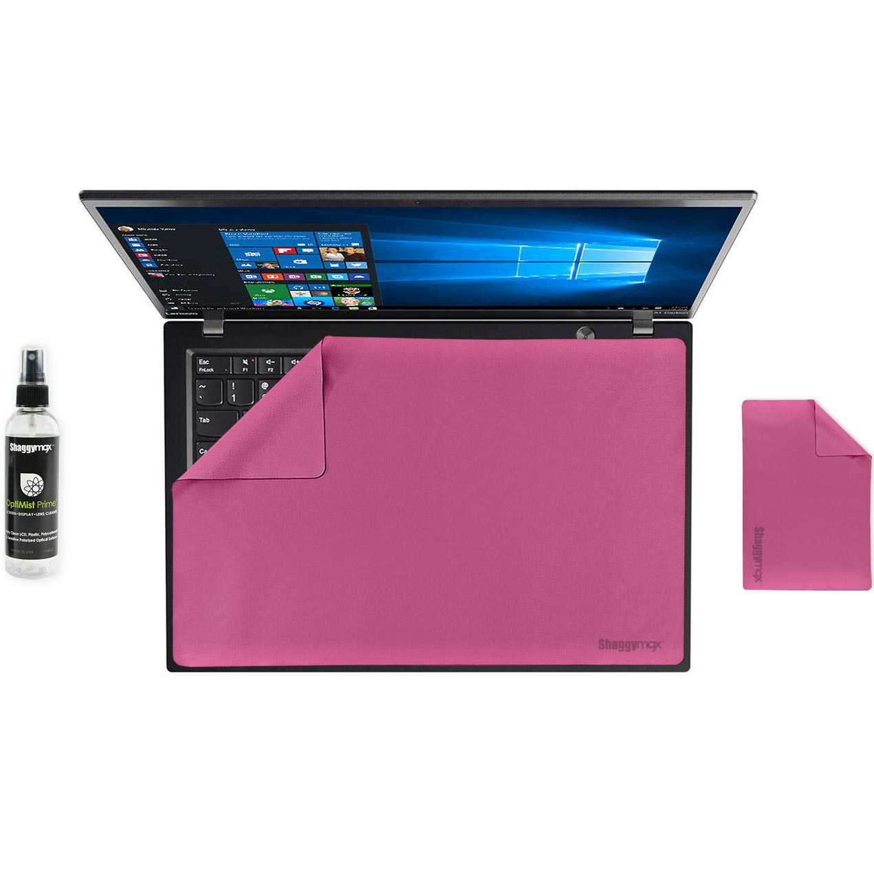 Laptop screen protector and keyboard cover set, pink microfiber sheet with spray bottle