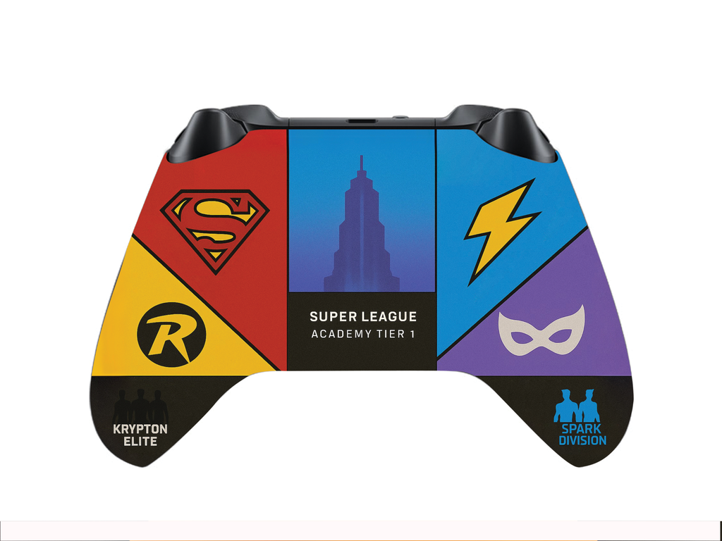 Xbox controller back with Super League Academy artwork, Krypton Elite and Spark Division