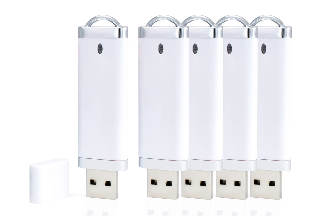 White unprinted USB 2.0 flash drive bundle with metal keyring loops, front view