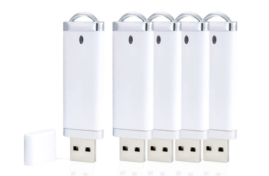 White unprinted USB 2.0 flash drive bundle with metal keyring loops, front view