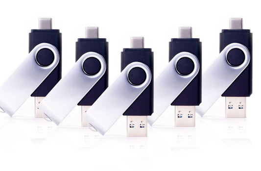 Unprinted dual USB 3.1 flash drive bundle, silver and dark navy with circular ring