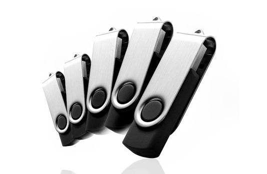 USB 2.0 flash drive bundle, silver metal bodies with black caps, stacked view