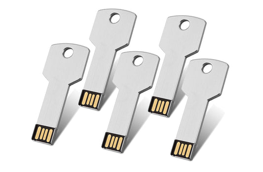 Key-style USB 2.0 flash drives, silver metal key shape with exposed gold USB contacts
