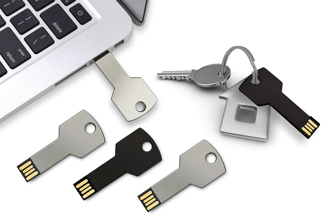 Key-style USB 2.0 flash drives, silver and black metal key shapes with gold USB contacts