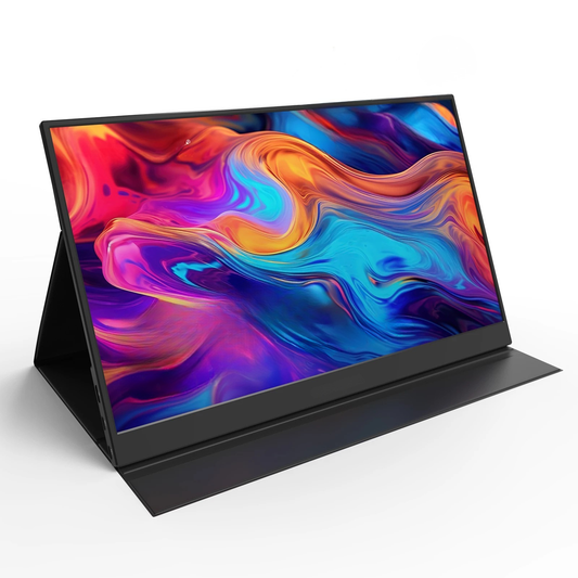 Black portable FHD monitor with colorful abstract display on a foldable stand