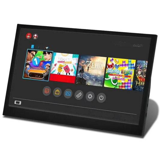Portable monitor with black frame and game menu icons on the LCD screen