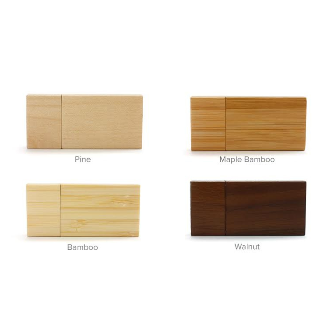 Rectangular wood USB flash drives in pine, bamboo, maple bamboo, and walnut finishes